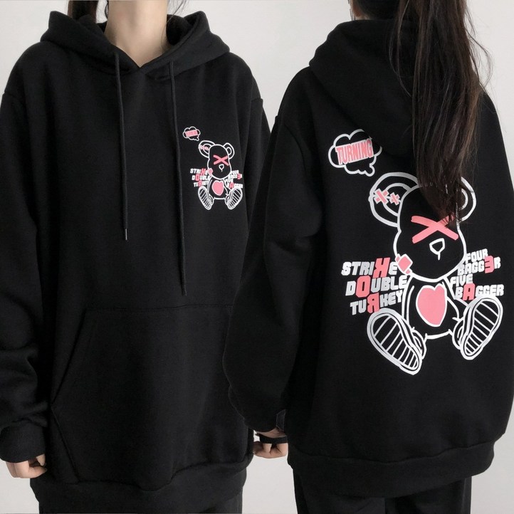 레이디스룸 기모선택 국산 오버핏 곰돌이 프린팅 후드티 빅사이즈 남녀공용