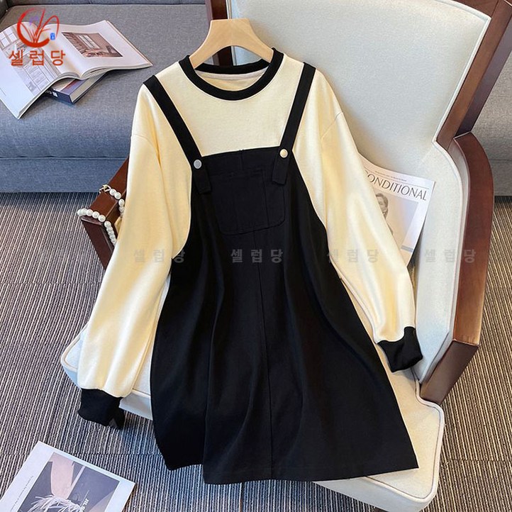 셀럽당 여성 원피스 오버사이즈 봄가을 루즈핏 패치 긴팔 원피스 40150kg