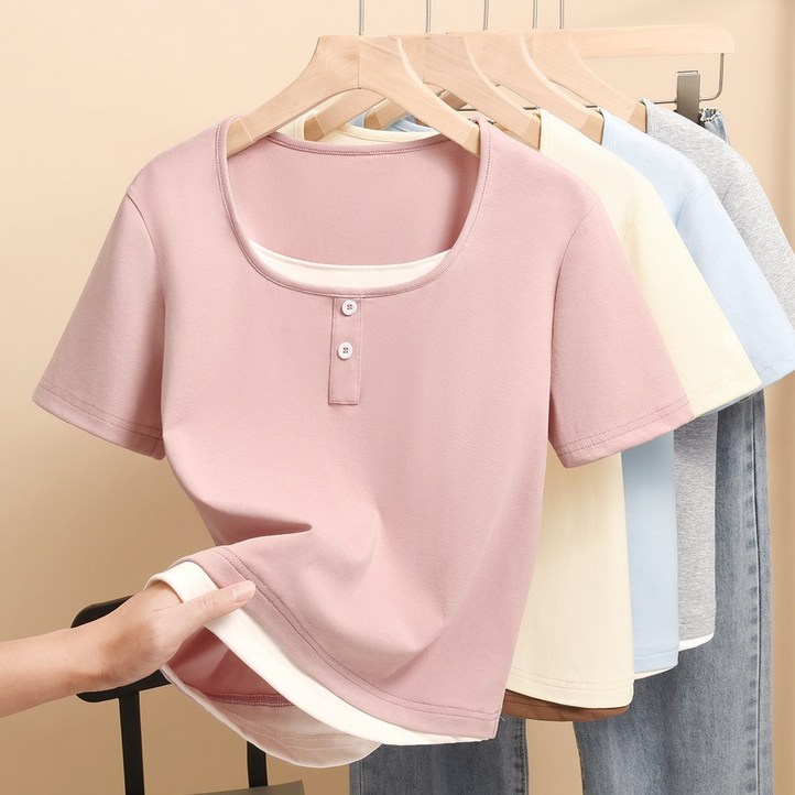 lyoveu 페이크 투피스 반팔 여성 스파이시 슬림쇼트