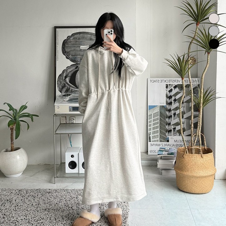 디테일웨어 여성 기모 후드 스트링 롱원피스 편한원피스 임부복 빅사이즈 오버핏 포켓 후드원피스