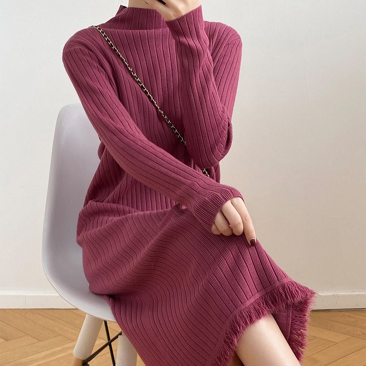 데일리룩 수술 골지 니트 슬림 롱 원피스