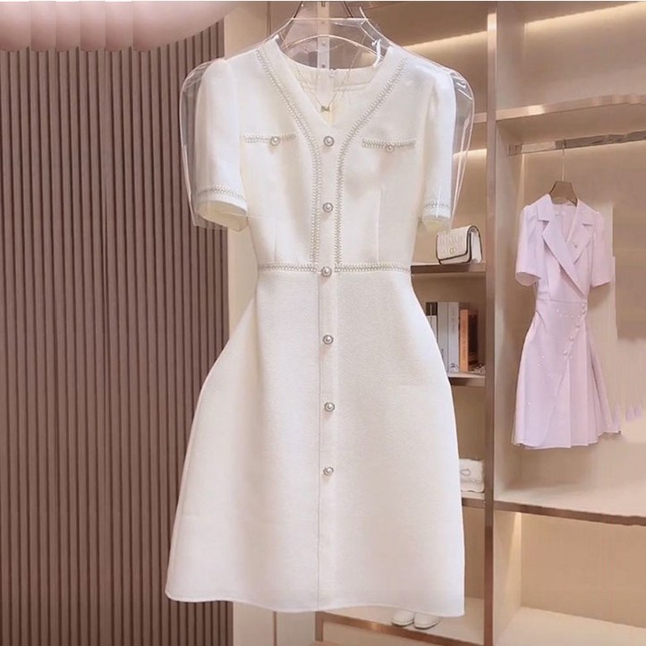 FANSYLI 빅사이즈 여름 원피스 고급 하객 원피스 피로연 원피스 미디 진주 단추 원피스 X2504A19