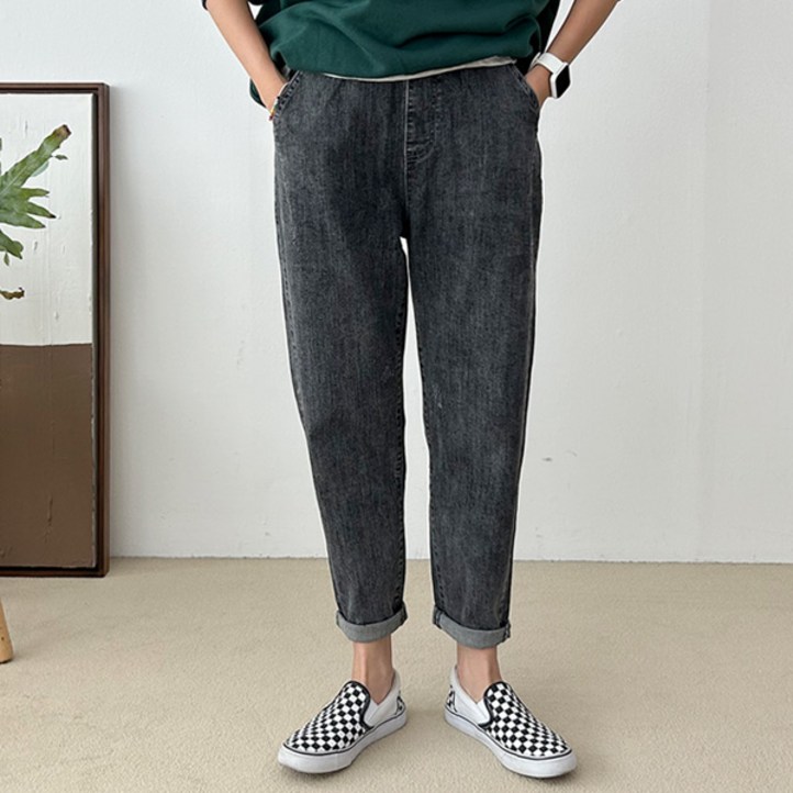 여성용 청바지 긴바지 하의 신상 허리밴딩 데일리룩 엔틱워싱데님배기팬츠