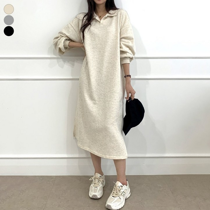 블레스유 여성 루즈핏 오픈 카라 긴팔 롱 원피스 봄 가을 겨울 간절기 88사이즈