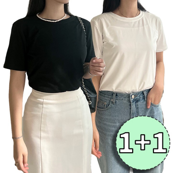 아로엔 여성 여름 라운드 베이직 슬림핏 반팔 티셔츠 1+1