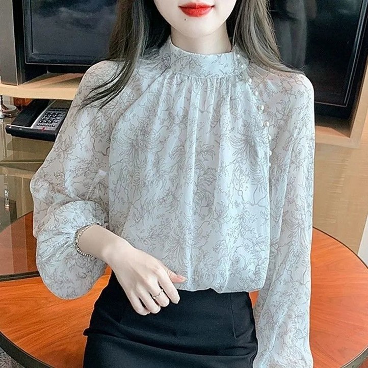 COSYEVNO 여성 남방 가을 쉬폰 퍼프소매 프린트 빅사이즈 심플 루즈핏 캐주얼 긴팔 미디 상의 CXJcs-10