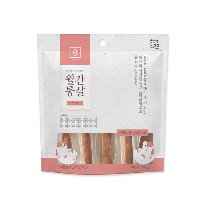 브리더랩 반려동물 월간통살 연어 스틱타입 간식 20g x 30p, 닭가슴살  연어 혼합맛, 20g, 60개