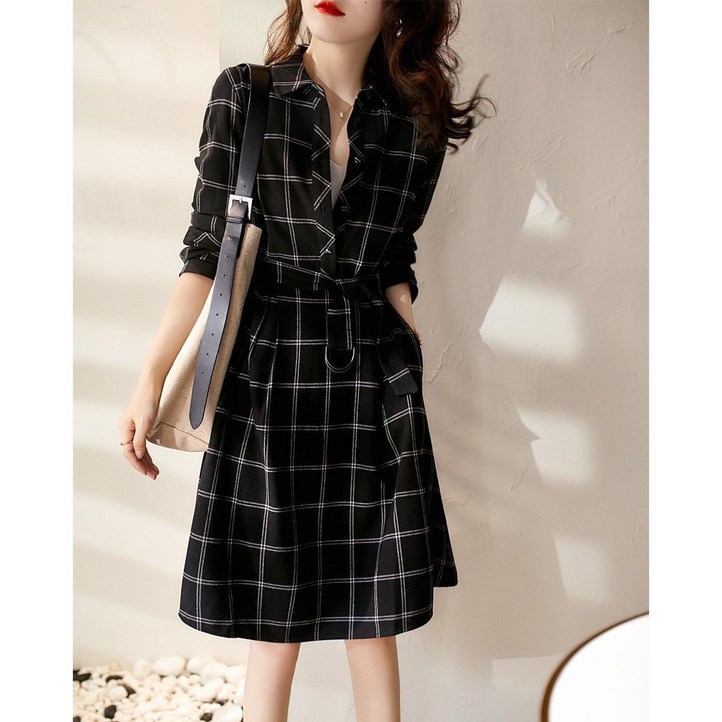 패션고리 여성 카라넥 체크무늬 셔츠 원피스 Q30302 - 쇼핑뉴스