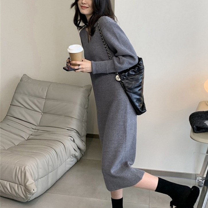 더시럽 여성용 V넥 골지 단색 슬림 니트 롱 원피스