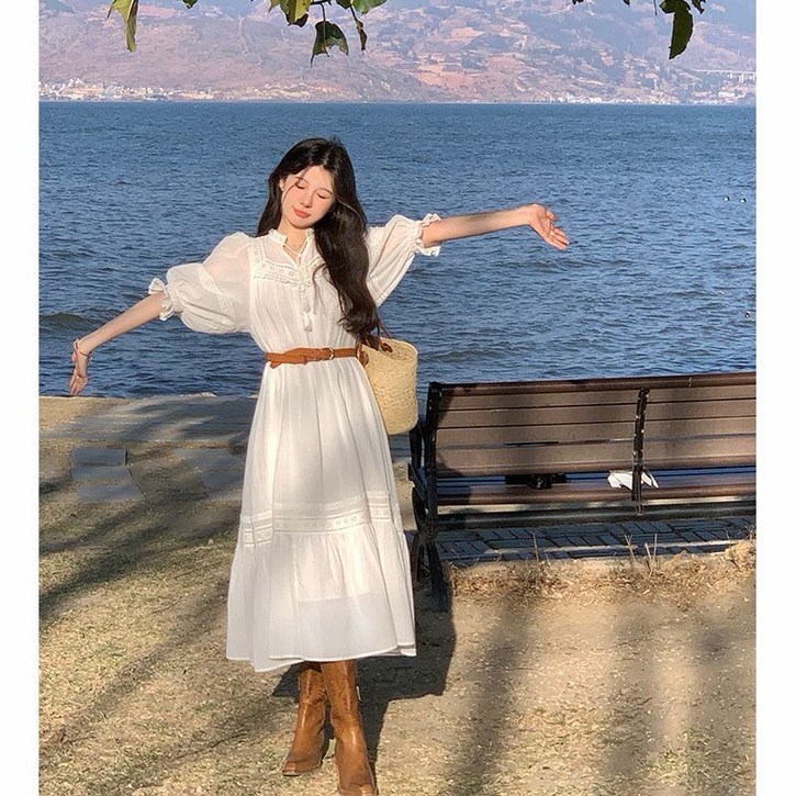Satiko 여성용 퍼프소매 원피스 화이트 롱 원피스 펀칭 자수 프릴넥 A라인 체형커버 빅사이즈 여름 바캉스룩 휴양지 여행용 린넨스타일 시원한 캉캉 원피스 청순 코디 2026 신상