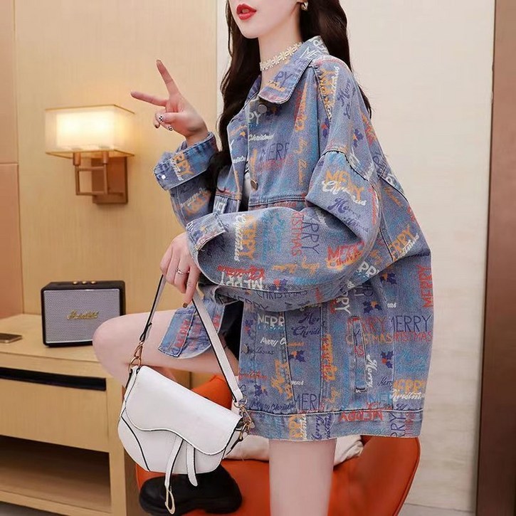 FANSYLI 모던 고급스러운 청자켓 여성 봄가을 신상 프린트 상의 디자인 감각 루즈핏 청자켓 x7J22
