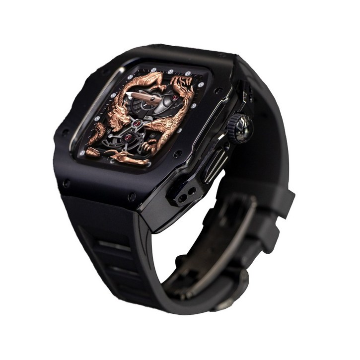 애차드밀 스틸 메탈 케이스 불소 고무 스트랩 밴드 호환 애플워치 울트라2 49 mm 시리즈 9 8 7 45 mmSE 시리즈 6 5 4 44mm, 블랙