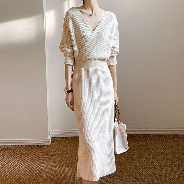 더벨러리 여성 브이넥 랩 롱 원피스 BKO4441 니트 긴팔