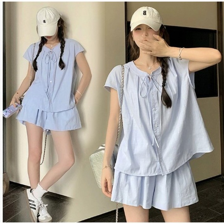 더이버 여름 시원한 편안한 반팔 반바지 투피스 세트