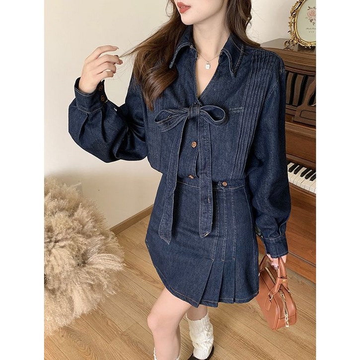 여성 데님 투피스 캐주얼 긴팔 리본 자켓 + 하이웨이스트 미니 스커트 상하의 투피스 세트 기질 빈티지 데님 투세트 ZZL