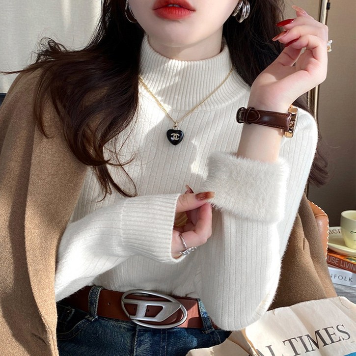 여성 데일리 겨울 이너 기모 융털 골지 터틀넥 목티 반목폴라 니트티