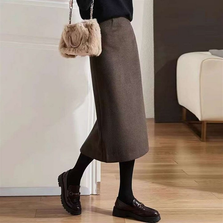JIEVE 여성용 가을 겨울   모직 하이웨이스트 H라인 롱 스커트 패션 슬림핏 미디스커트 D18