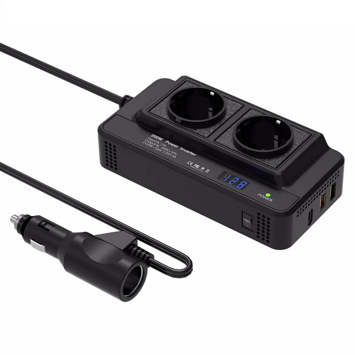 asto 차량용 멀티탭 시거잭 인버터 변환기 12V 220V 200W 콘센트 2구 usb 포트 tape-C 시거잭소켓