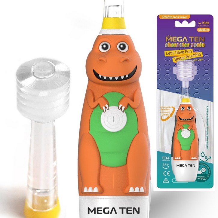 [메가텐] 공룡 캐릭터소닉 360도칫솔모 어린이용 부드러운 음파전동칫솔 싱글팩+헤드켑 (소프트 미디엄 리필 4P 별도옵션), 오렌지, 1세트, 공룡캐릭터음파전동칫솔 소프트