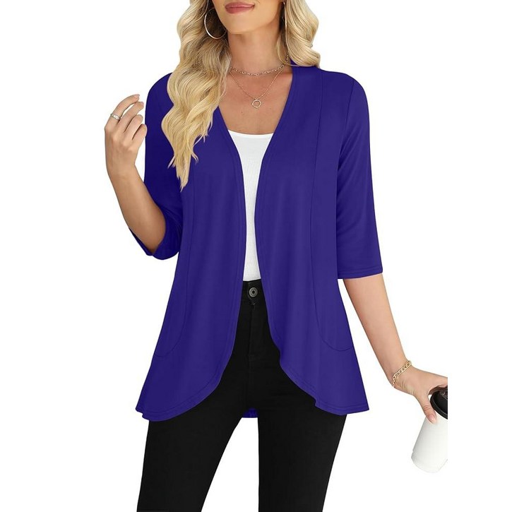 Yincro 여성용 캐주얼 7부 소매 카디건 가볍고 부드러운 오픈 프론트 가디건, 버건디, XL 130995
