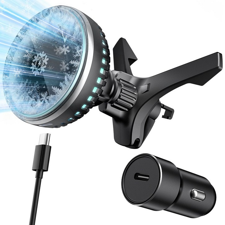 Mankiw맨큐 맥세이프 냉각쿨링 차량용 고속 무선충전기 송풍구형대쉬보드형18W 시거잭 포함, 블랙