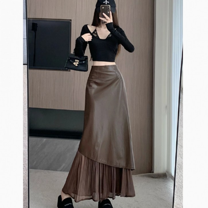 COSYEVNO 여자 스커트 겨울 가죽 글리터 레이스 패치 패션 캐주얼 루즈핏 주름 머메이드 롱스커트 CXJbsq-04