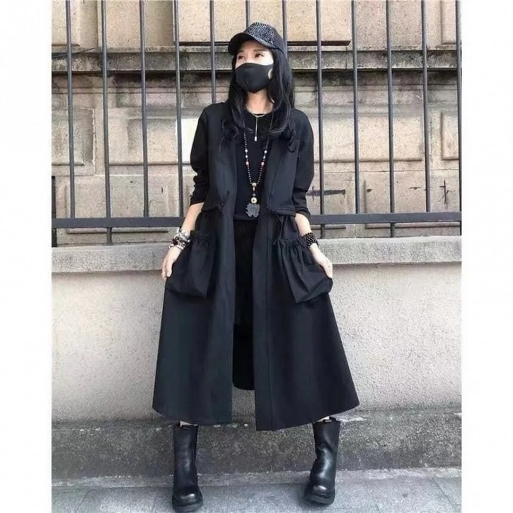 해피유통 여성 가을겨울 순면 버튼없는 롱코트 심플 디자인 허리조임 대주머니