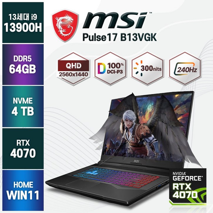 2023년형 MSI Pulse 17 B13VGK 240Hz QHD 13세대 인텔 i9 RTX4070 게이밍노트북, 블랙, B13VGK, 코어i9, 4TB, 64GB, WIN11 Home