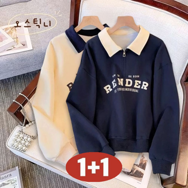 오스틱니 100kg까지 빅사이즈 1+1 날씬해보이는 카라넥 반집업 칼라 프린트 무지 심플 여성용 봄가을 긴팔 티셔츠 셔츠 카라 넉넉한 핏 캐주얼 데일리 외출용 맨투맨