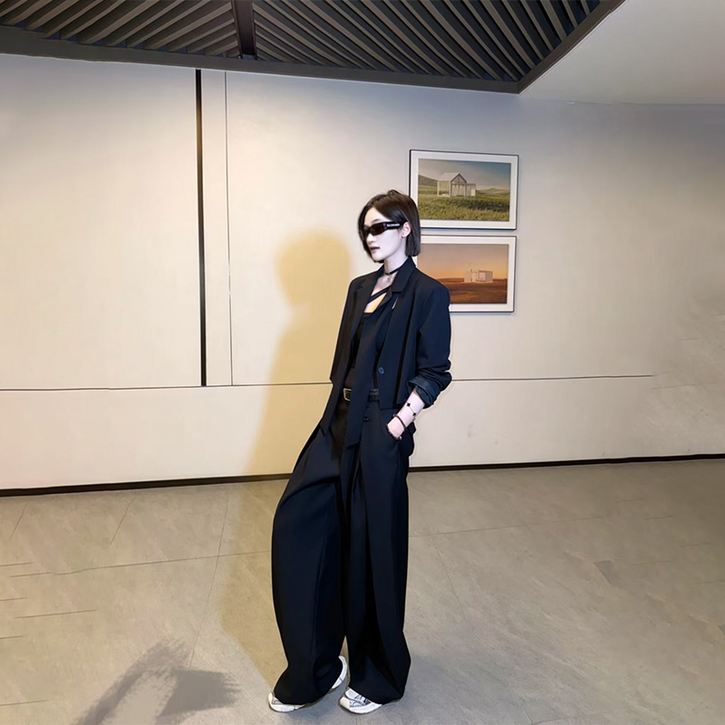 봄가을 신상 여성 정장 와이드 팬츠 세트, 소수 디자인, 루즈핏/슬림핏, 루즈핏/슬림핏, 고급스러운 경량 럭셔리 정장 유행 베이직 와이드 팬츠 2피스 세트, 패션 일상 오피스 업무