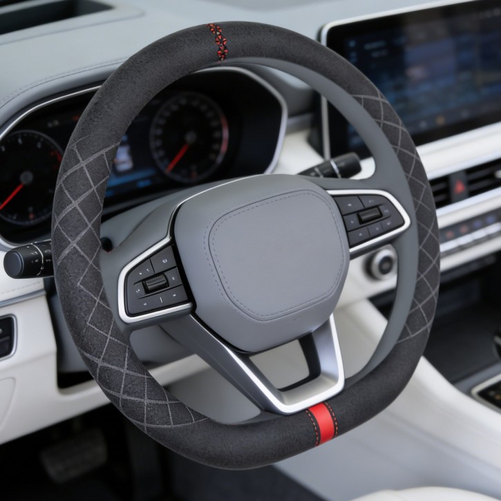 Ryusei 자동차 핸들커버 알칸타라 논슬립 원형 D컷 기아 제네시스 현대 아우디 벤츠 쉐보레 BMW 호환 R067, 블랙+빨간색