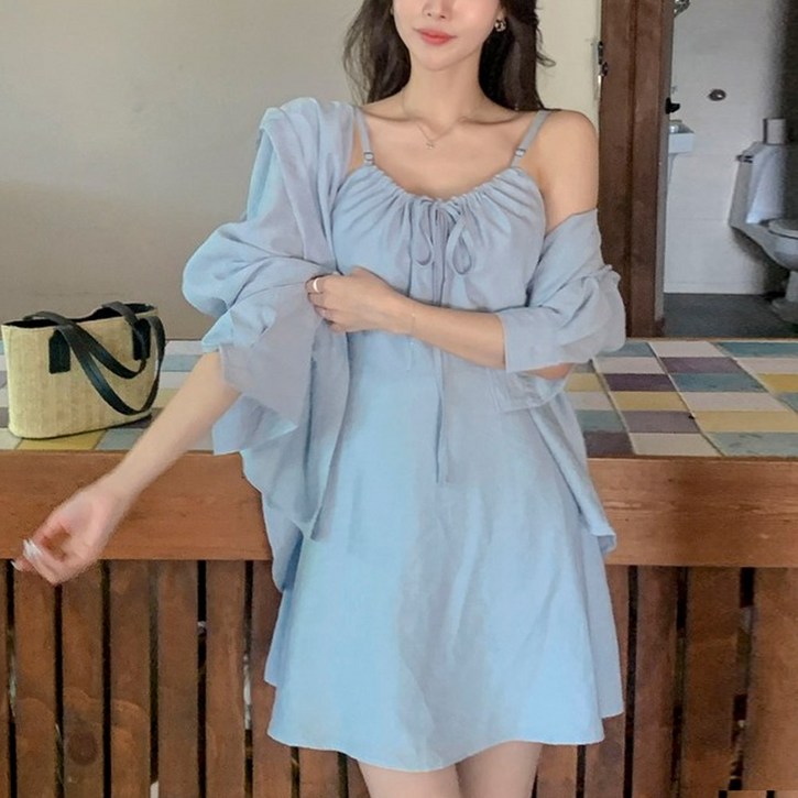 떳다그녀 소피넬 셔츠 드레스 투피스 A라인 나시 바캉스룩 리본 셔링 오버핏 블라우스 미니원피스 세트