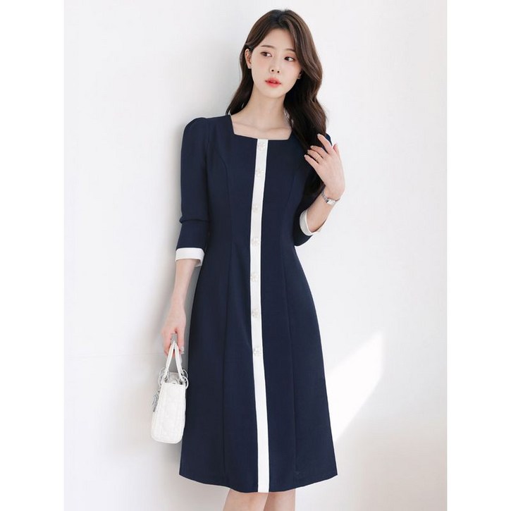 시크라인 XXL까지 스퀘어넥 장식단추 배색 트위드 원피스 봄 가을 하객룩 오피스룩 데이트 모임 미시 빅사이즈