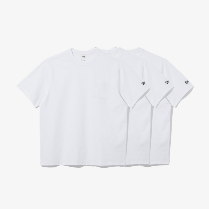 국내정품 오늘출발 뉴에라 MLB 에센셜 무지 포켓 반팔티 화이트 3개입 GRAZU