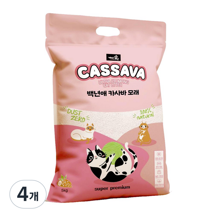백년애 먼지없는 고양이 카사바 균일입자 대용량 모래, 오리지널향, 4개, 5kg