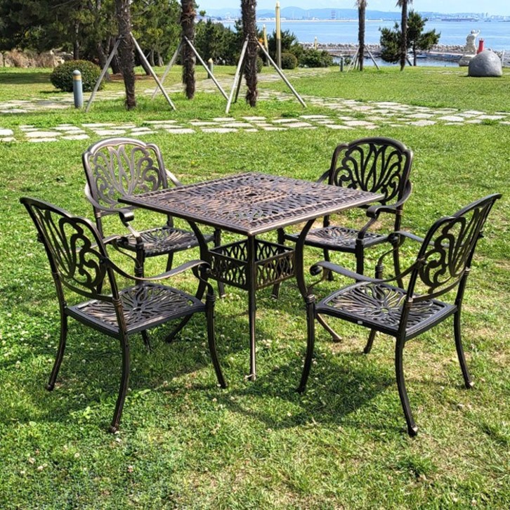 포타니 4인용 900사각 알루미늄 주물 정원 야외 테이블 의자 세트, 브론즈색상테이블1의자4