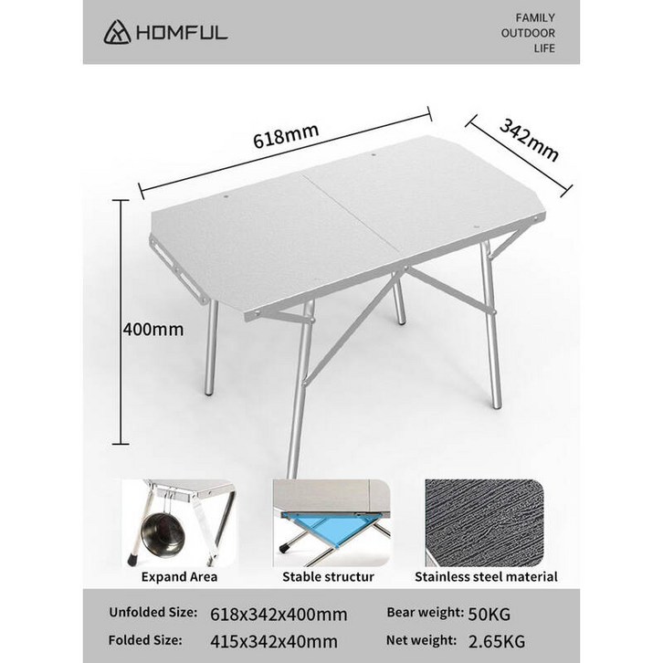HOMFUL 야외 캠핑 접이식 테이블, 휴대용 스테인레스 스틸 피크닉 레저 바베큐 내열 신