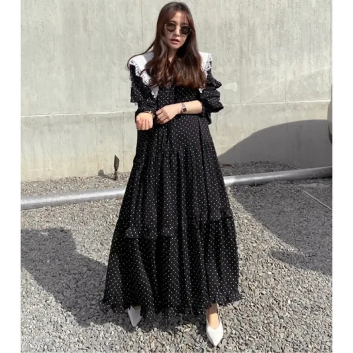 유니크유니스 빅카라 도트 롱 원피스