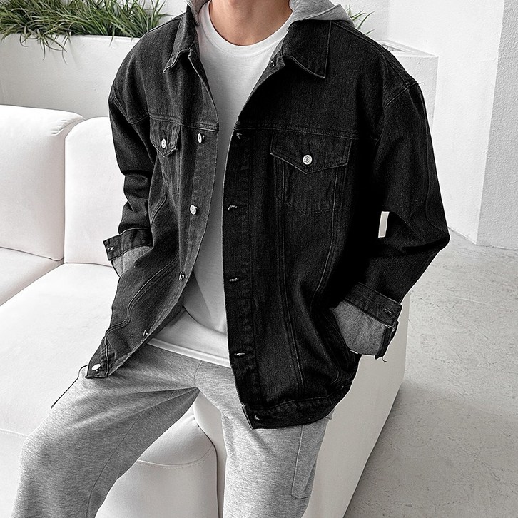 베이직바이블 오버핏 후드 탈부착 워싱 데님 청 자켓2color