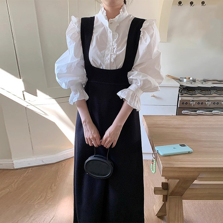 벌룬블라우스 셔츠 블라우스 화이트 레이어드 원피스 세트 프릴