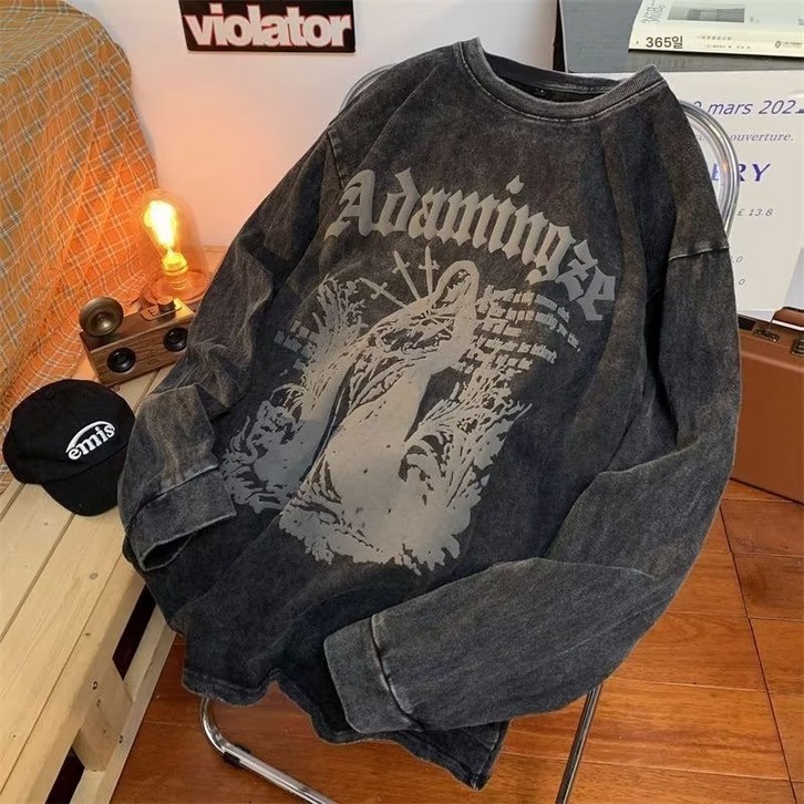 헤비 구제 워싱 빈티지 십자가 프린트 라운드 맨투맨 긴팔 코트