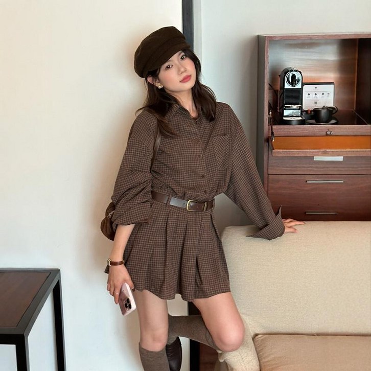 해피유통    여성스러운 허리 조임 체크 셔츠 원피스 가을 숏 긴팔 원피스 패션 원피스   BJJ001