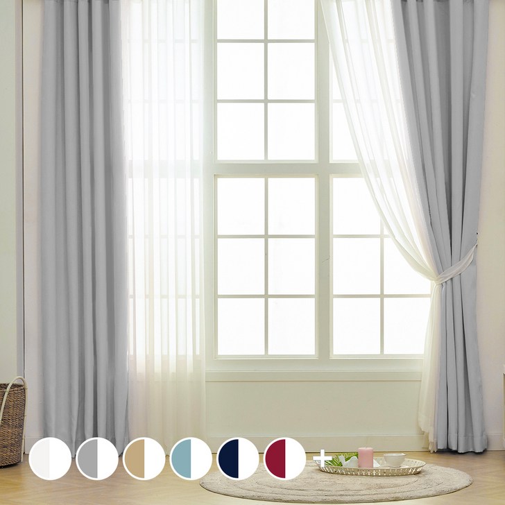 더자리 아일렛 솔리드 암막커튼 2p  쉬폰커튼 2p  커튼끈 2p 세트