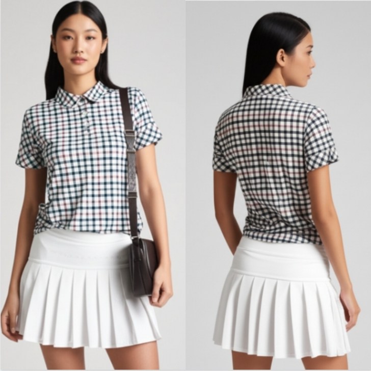 닥스골프 여성 골프여름 스판 냉감 프리미엄 체크패턴 골프웨어 반팔 티셔츠