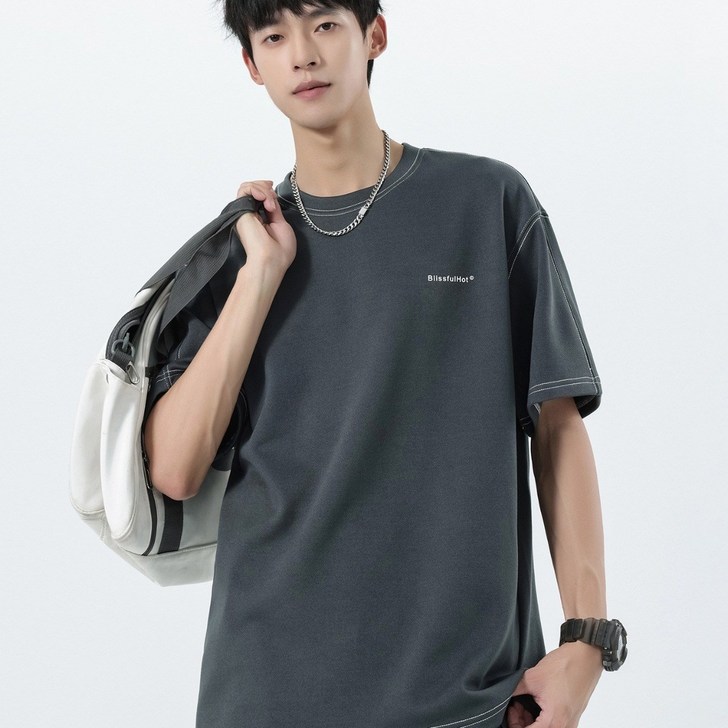 하울맨 남성 라운드넥 배색 스티치 오버핏 약기모 반팔 티셔츠