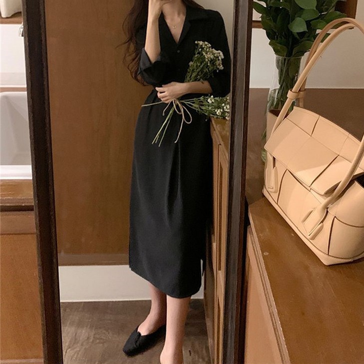 시크힐즈 오피뉴 허리 끈 트임 셔츠 롱 원피스 12239