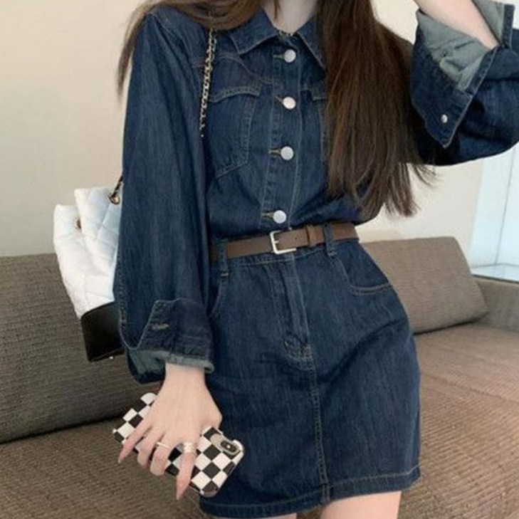 진청 허리강조 미니 데님 A라인 원피스 청 미니 swg09232JW