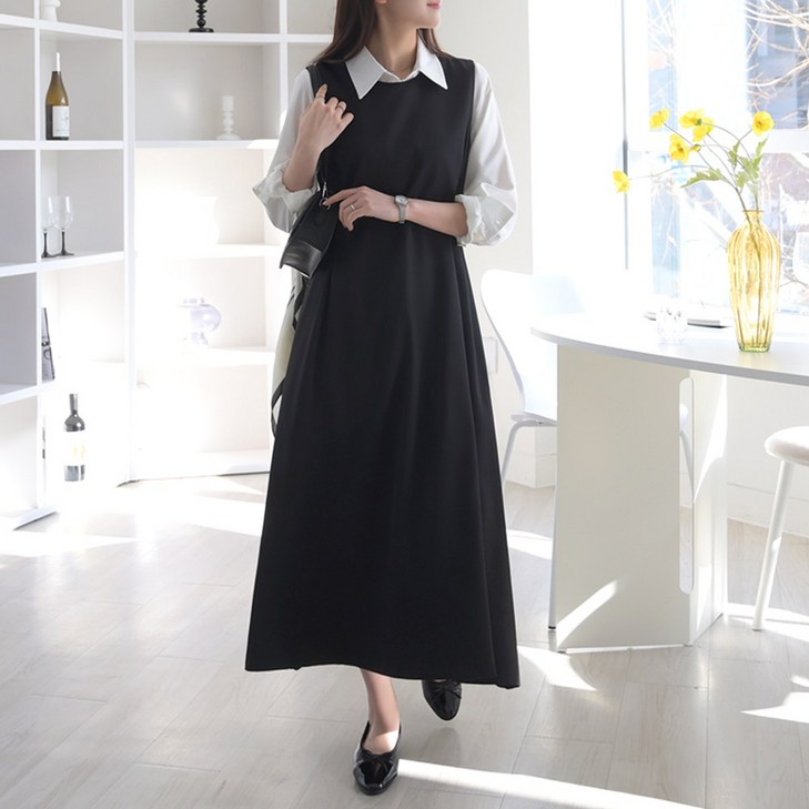 데일리앤 에이런 여성용 롱 뷔스티에 원피스 레이어드 민소매 차르르 플레어 봄 가을 하객룩