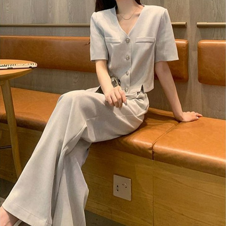 Asure 여름 트위드 반팔 브이넥와이드팬츠 슬림핏 출근룩