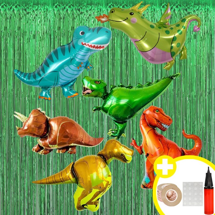 공룡테마 파티 대형 공룡 은박풍선 6종 파티커튼 세트 인생샷 포토존 연출템 8옵션 에브리띵스마일 1213, 1세트, 라지믹스 그린 커튼